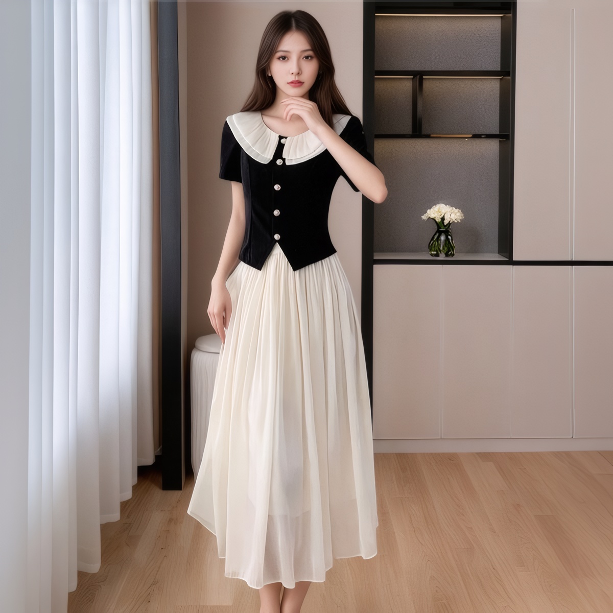 French Style Two-Piece Set with Doll Collar Top and A-Line Skirt 2025 Summer New Dress - Image 3