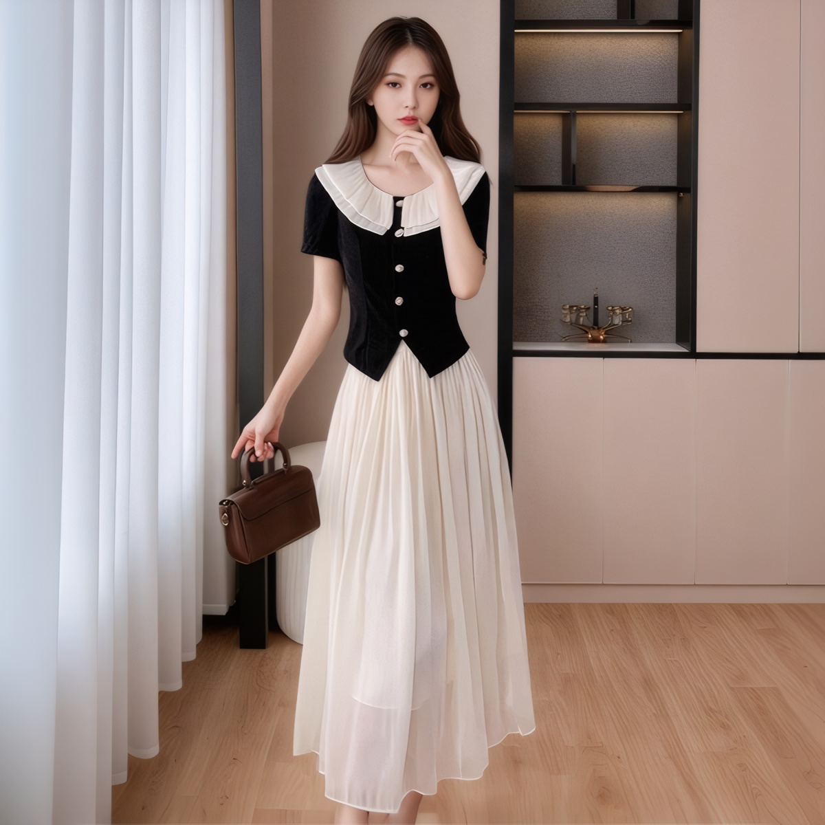 French Style Two-Piece Set with Doll Collar Top and A-Line Skirt 2025 Summer New Dress - Image 4