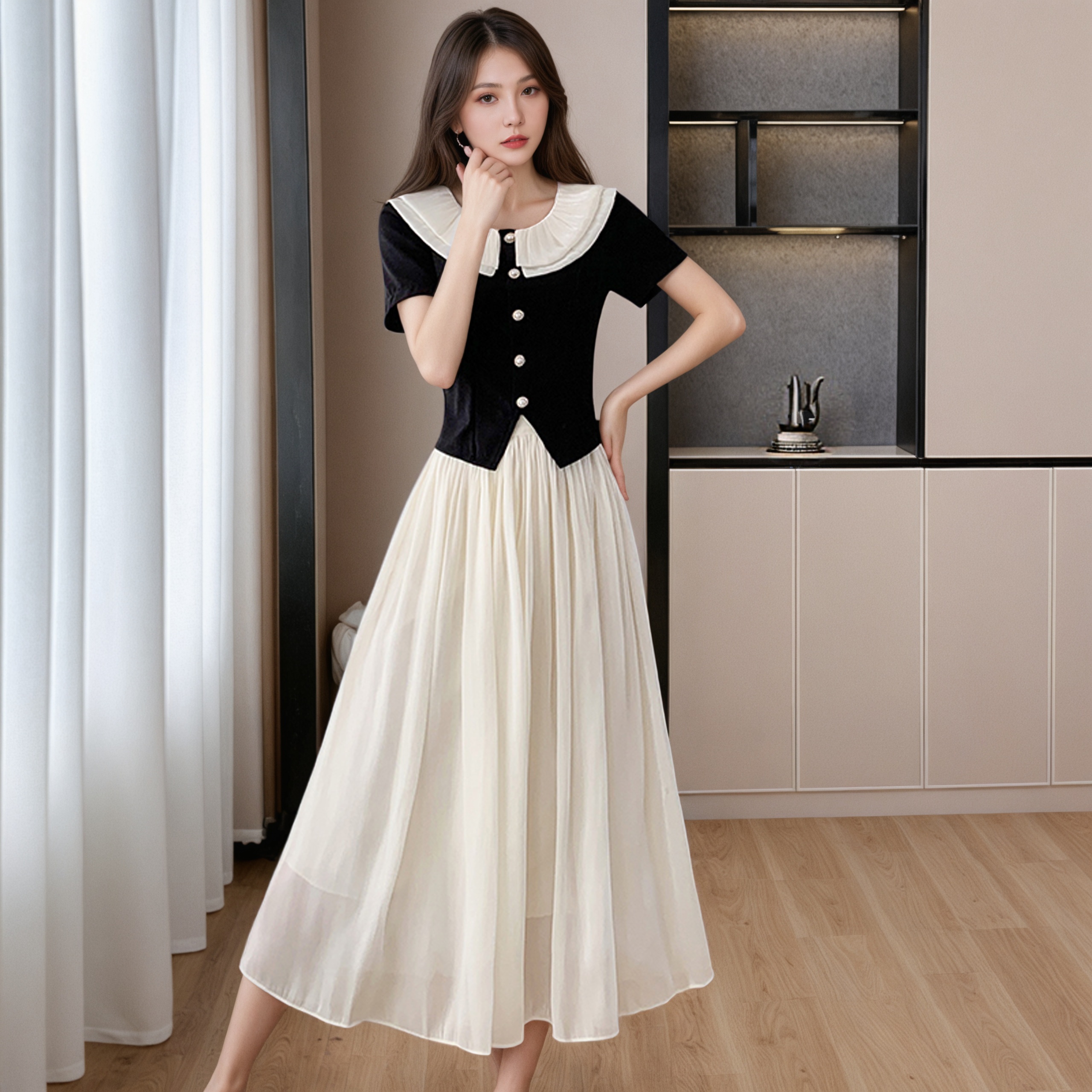 French Style Two-Piece Set with Doll Collar Top and A-Line Skirt 2025 Summer New Dress