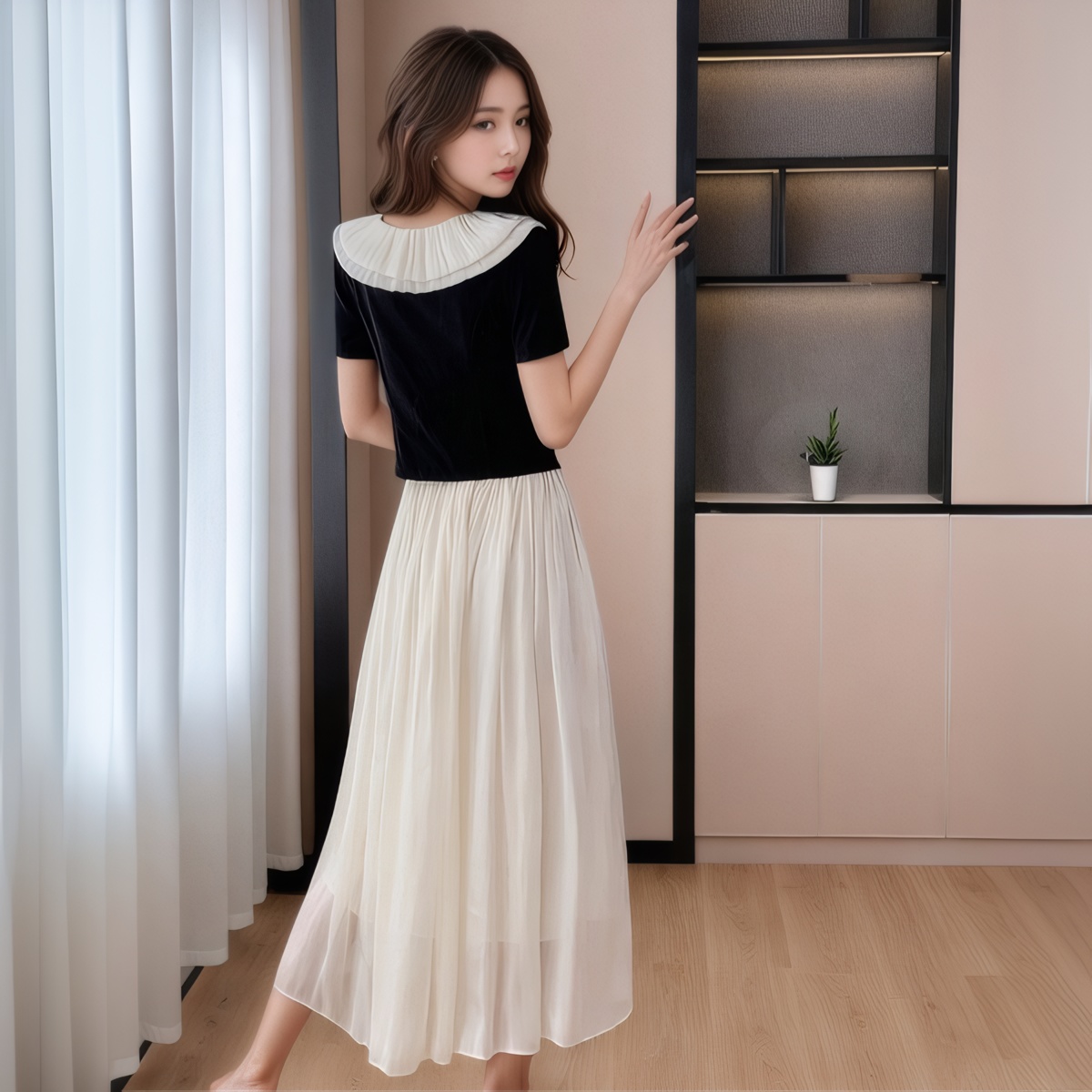 French Style Two-Piece Set with Doll Collar Top and A-Line Skirt 2025 Summer New Dress - Image 2