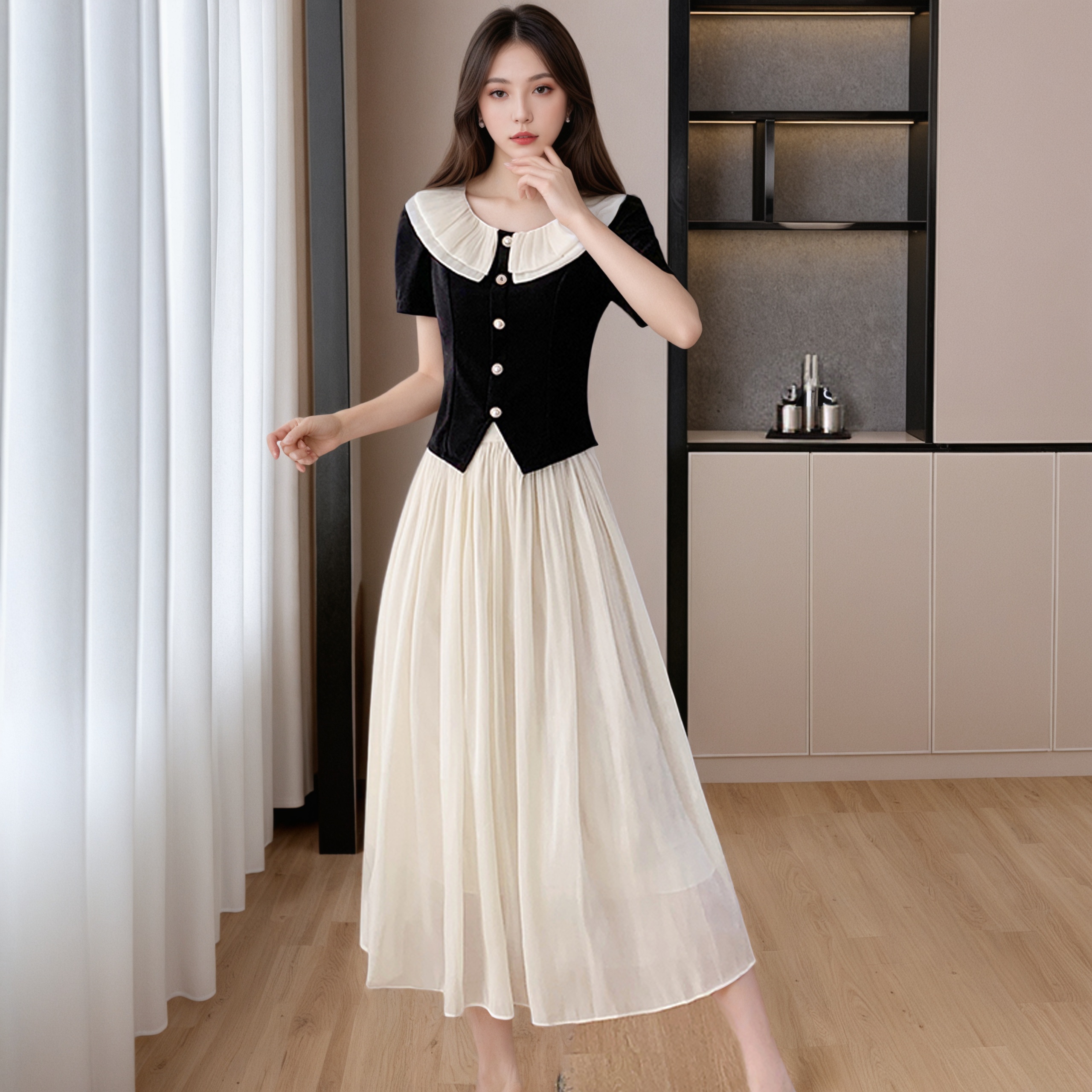 French Style Two-Piece Set with Doll Collar Top and A-Line Skirt 2025 Summer New Dress - Image 5