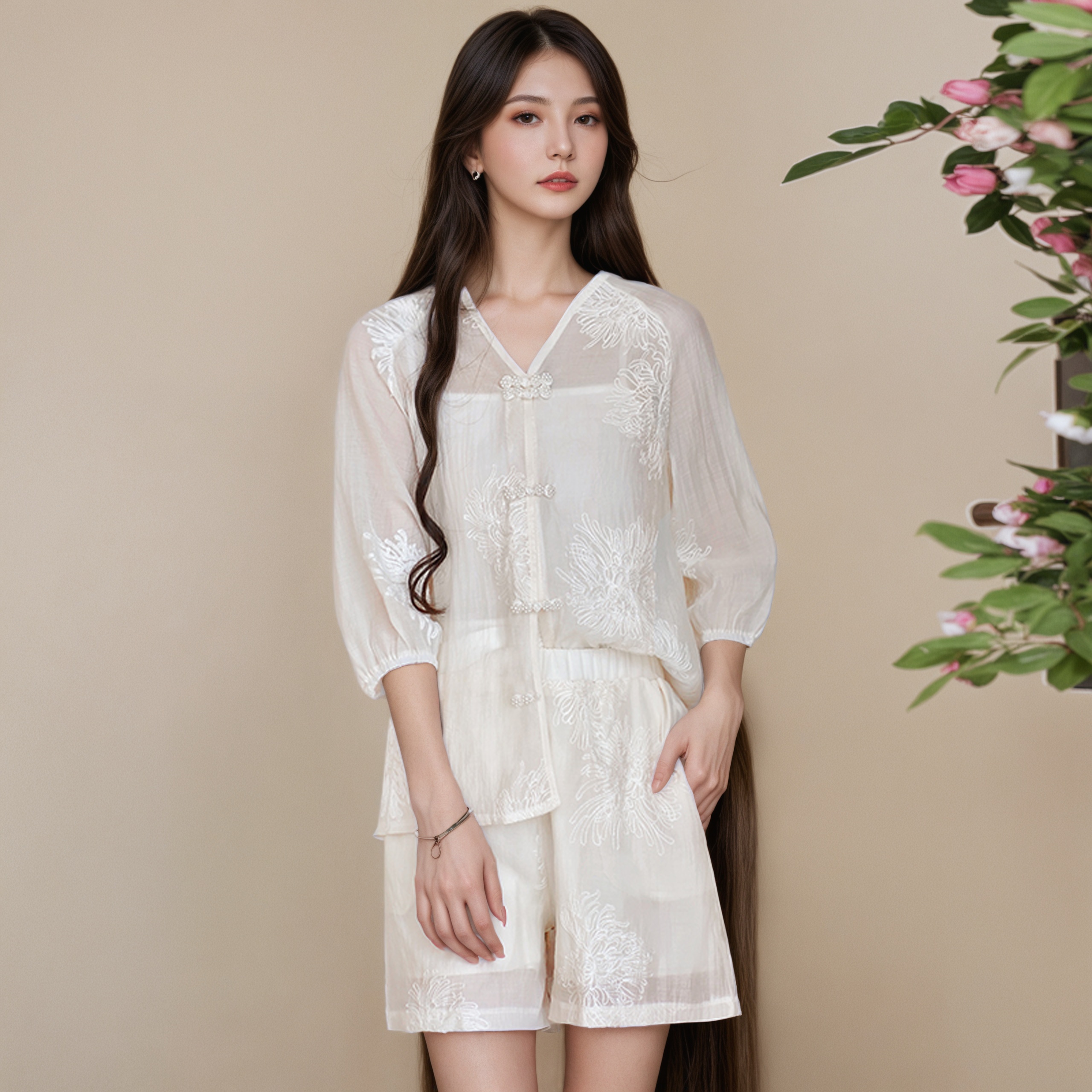 New Chinese Style Embroidered Shorts Set for Women Summer Petite Two-Piece