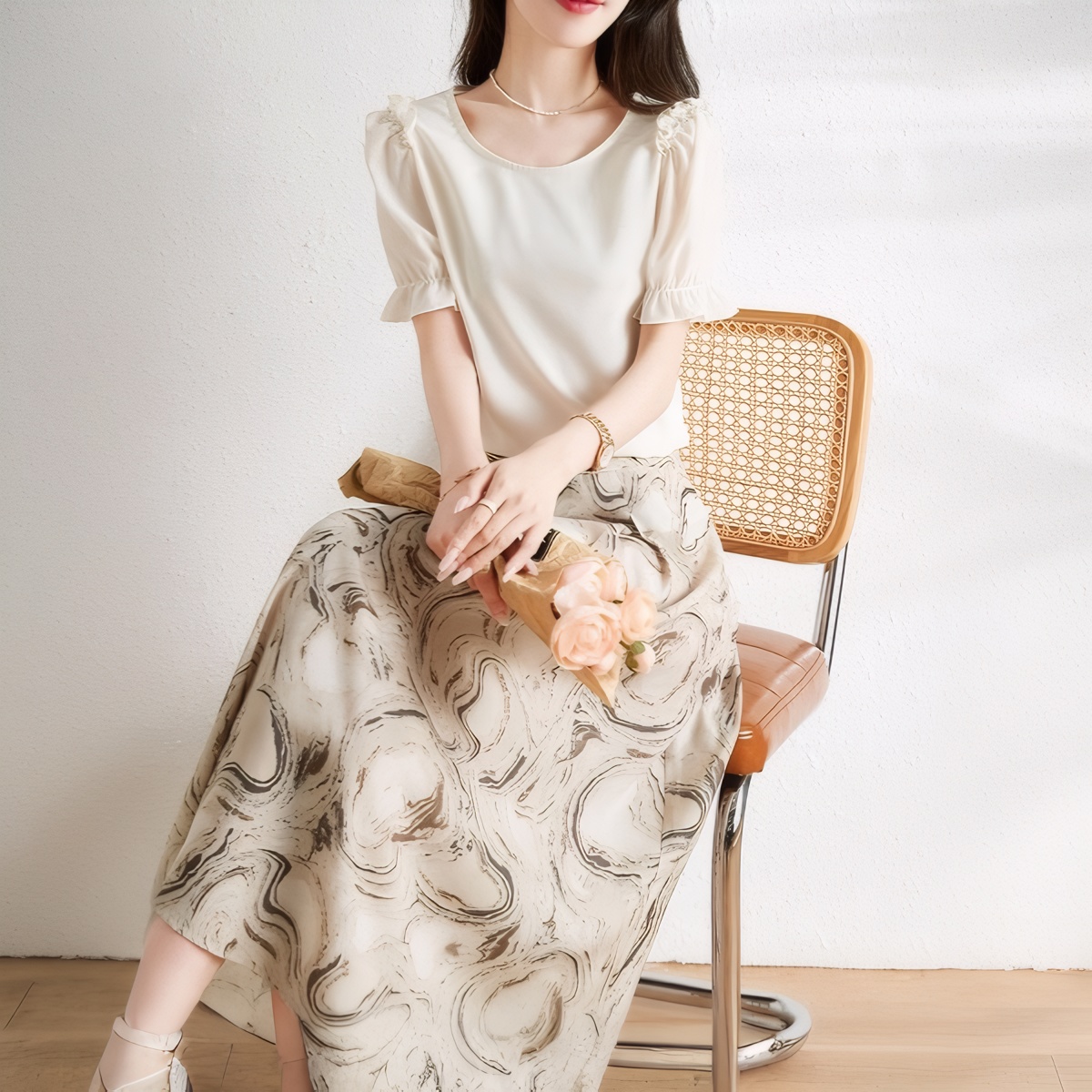 2025 Summer New Two-Piece Set with Rhinestones Print Skirt Print Chiffon Minimalist Commute Figure-Flattering Breathable Two-Piece Set - Image 4