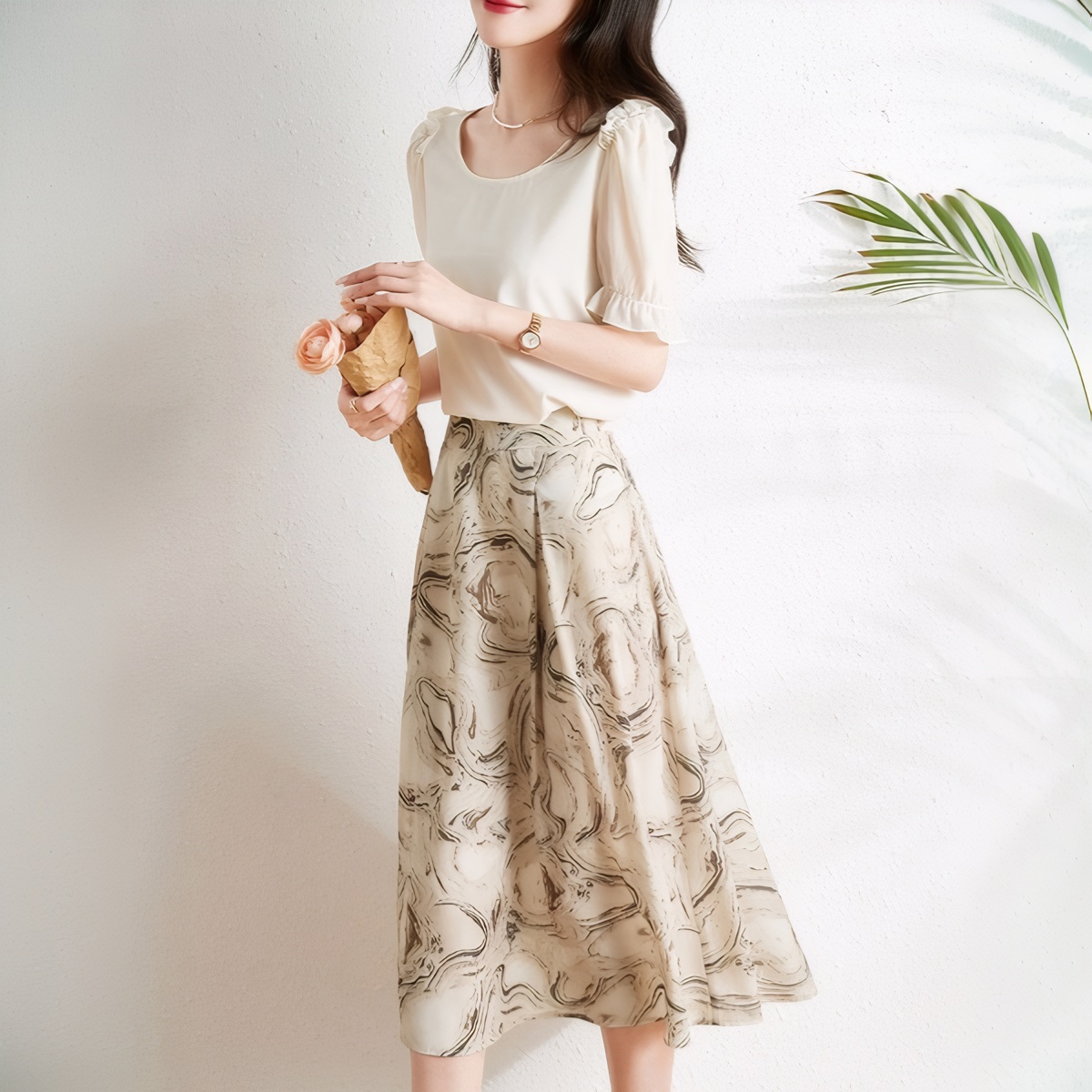 2025 Summer New Two-Piece Set with Rhinestones Print Skirt Print Chiffon Minimalist Commute Figure-Flattering Breathable Two-Piece Set - Image 3