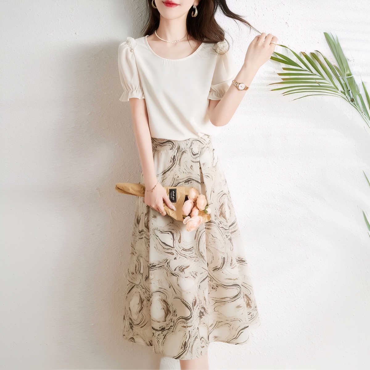 2025 Summer New Two-Piece Set with Rhinestones Print Skirt Print Chiffon Minimalist Commute Figure-Flattering Breathable Two-Piece Set - Image 5