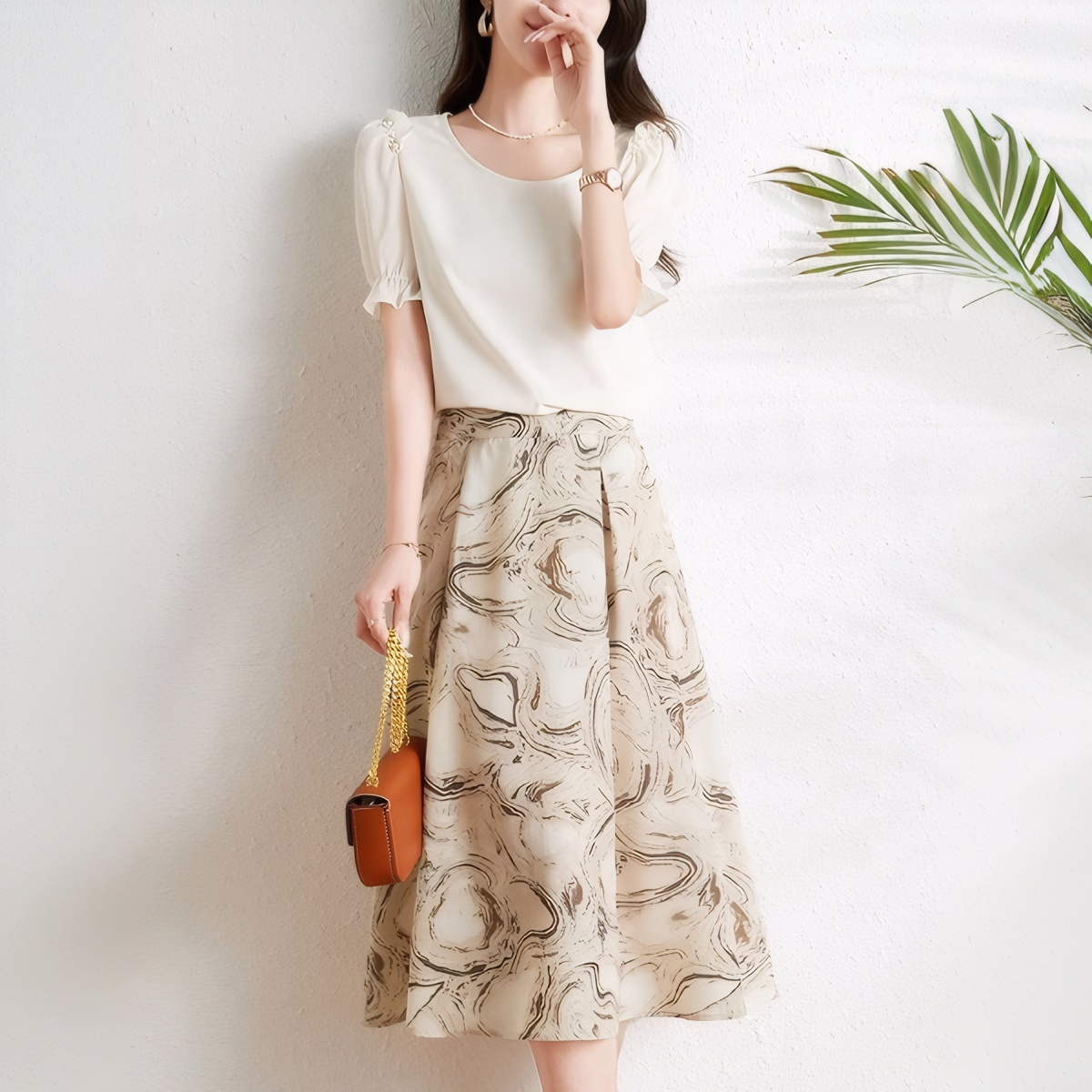 2025 Summer New Two-Piece Set with Rhinestones Print Skirt Print Chiffon Minimalist Commute Figure-Flattering Breathable Two-Piece Set