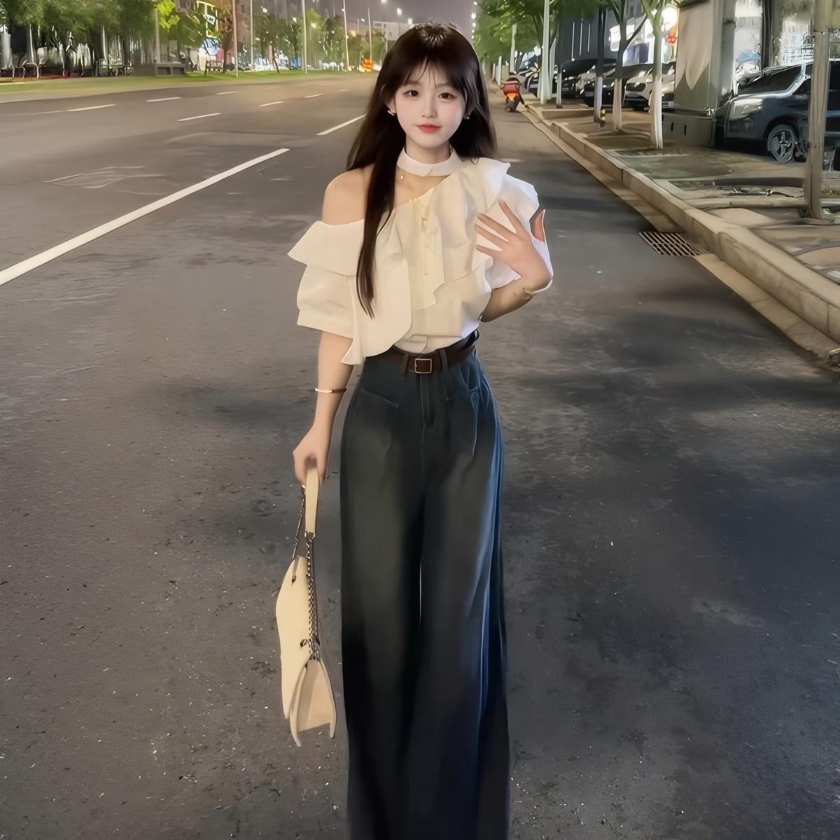 Gentle Style Ruffle Short Sleeve Off Shoulder Blouse High Waist Wide Leg Jeans Two Piece Set - Image 5