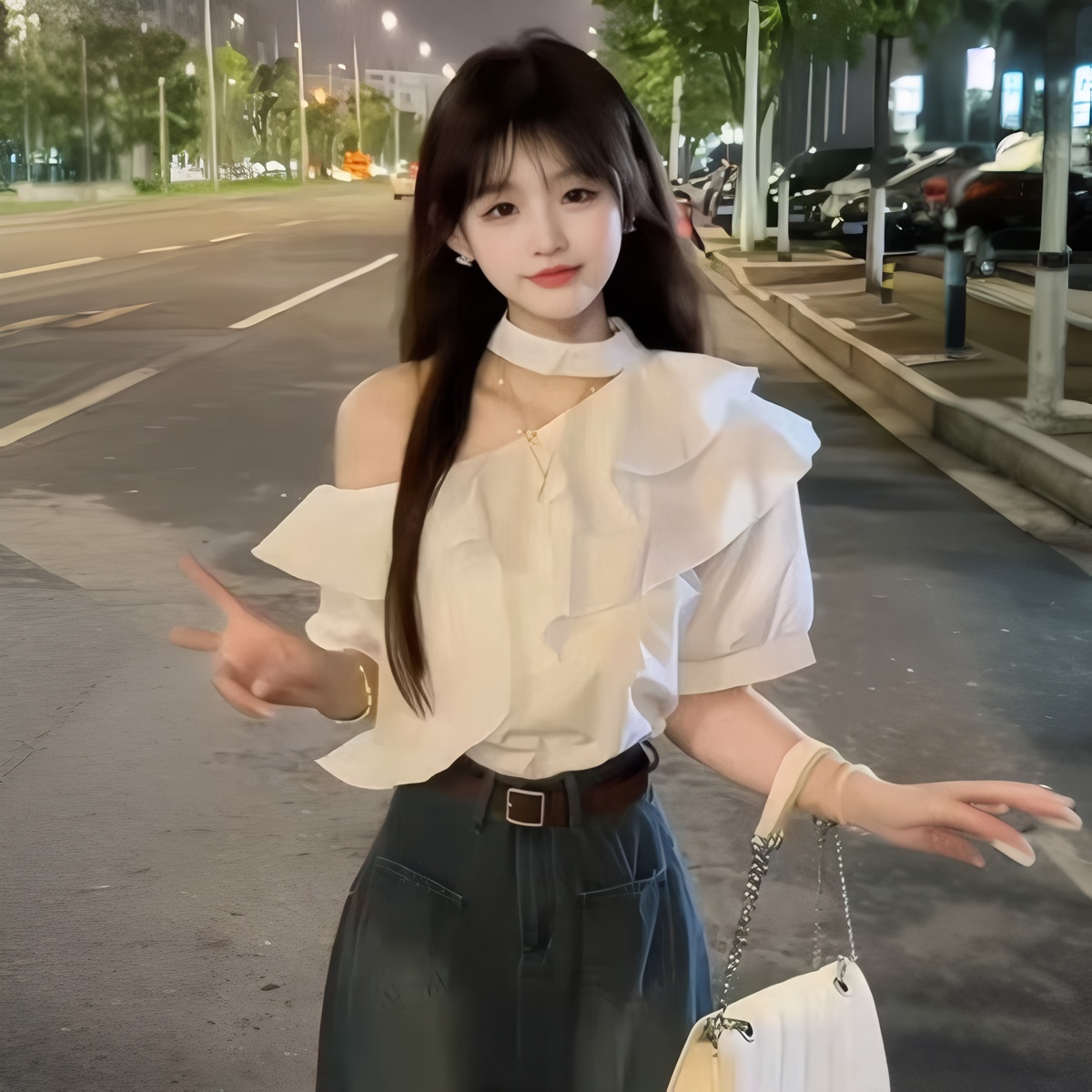 Gentle Style Ruffle Short Sleeve Off Shoulder Blouse High Waist Wide Leg Jeans Two Piece Set - Image 3