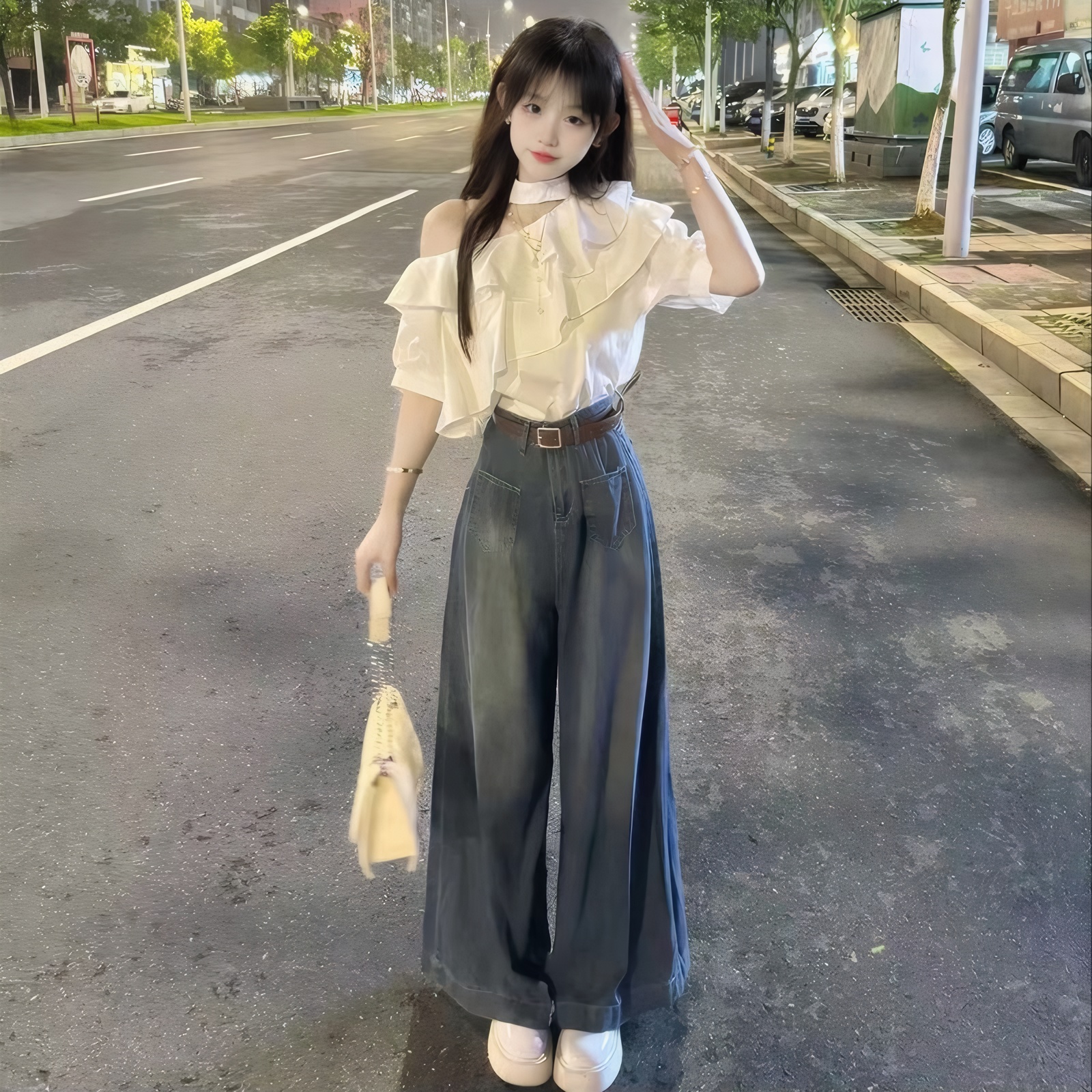 Gentle Style Ruffle Short Sleeve Off Shoulder Blouse High Waist Wide Leg Jeans Two Piece Set