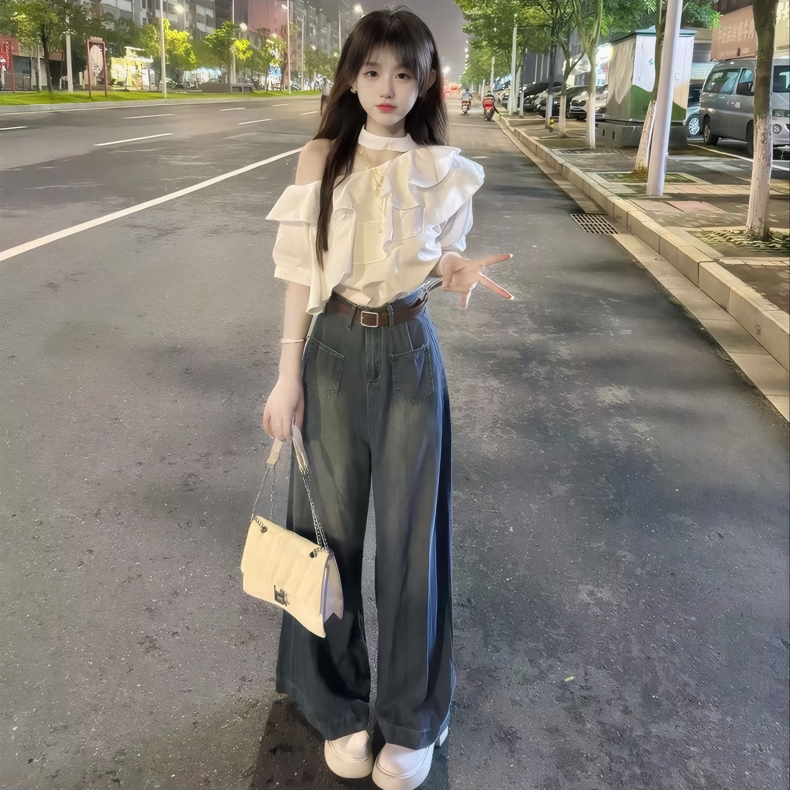 Gentle Style Ruffle Short Sleeve Off Shoulder Blouse High Waist Wide Leg Jeans Two Piece Set - Image 4