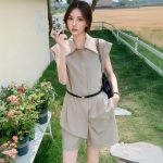 Women's Summer Sleeveless Shirt and Shorts Set - Khaki Two-Piece Outfit