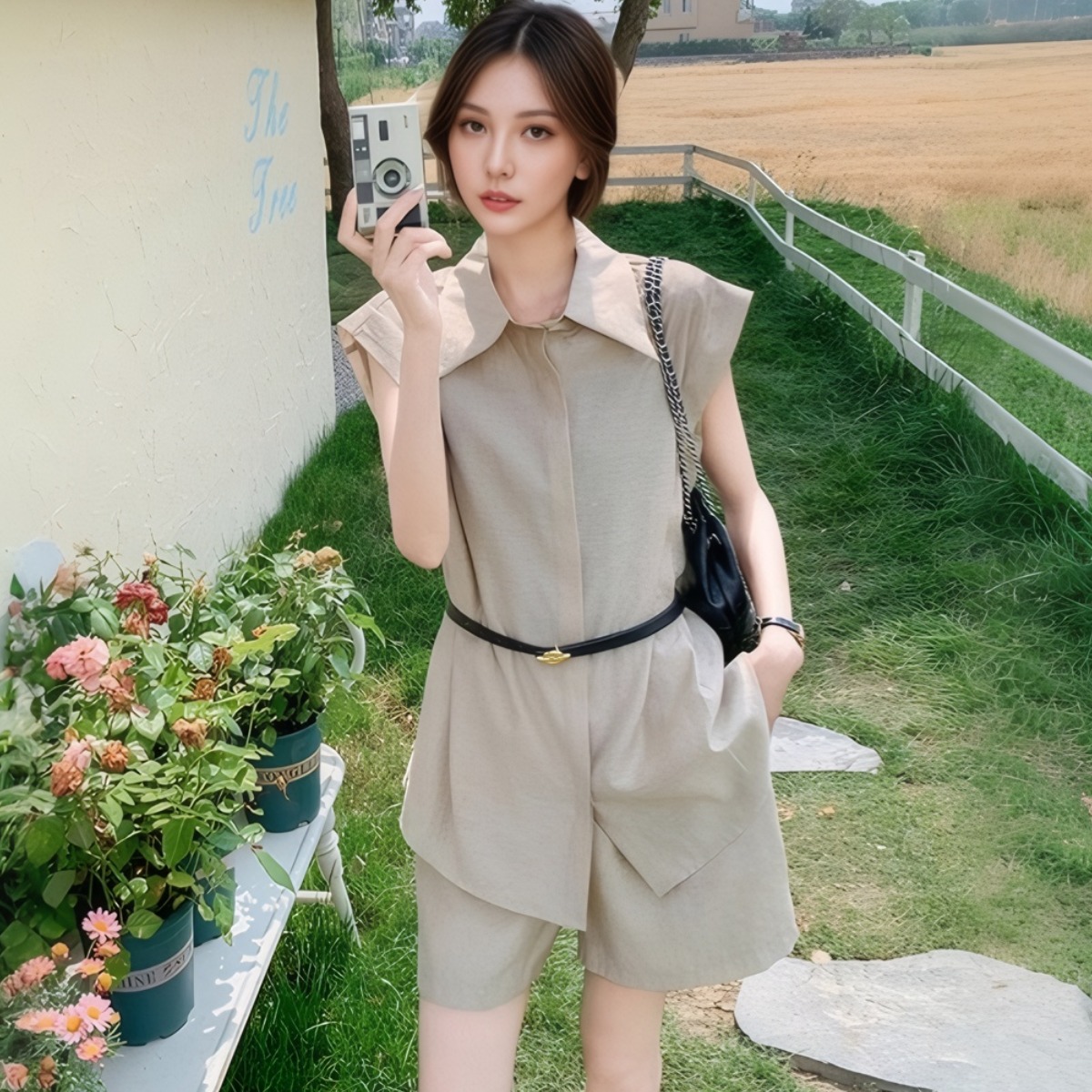 Women's Summer Sleeveless Shirt and Shorts Set - Khaki Two-Piece Outfit