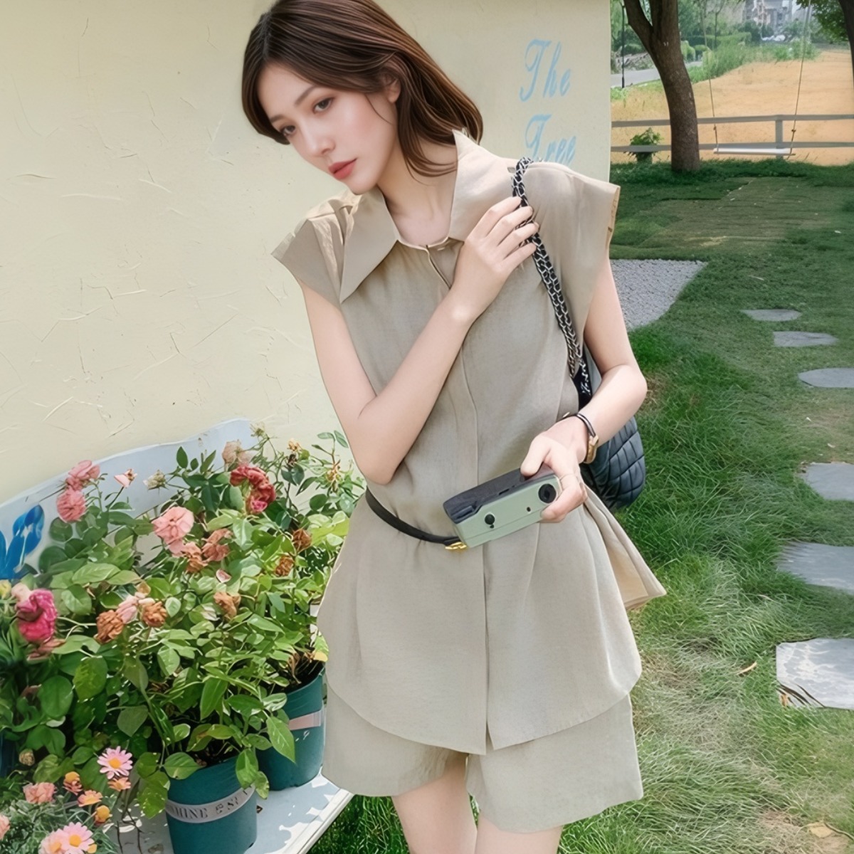 Women's Summer Sleeveless Shirt and Shorts Set - Khaki Two-Piece Outfit - Image 3