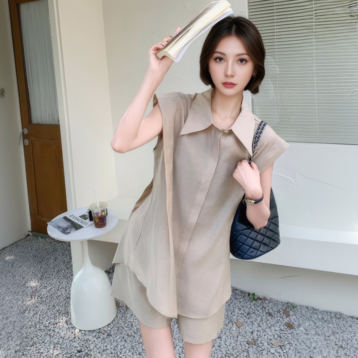 Women's Summer Sleeveless Shirt and Shorts Set - Khaki Two-Piece Outfit - Image 4