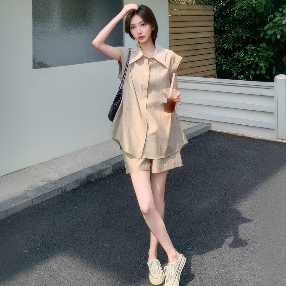 Women's Summer Sleeveless Shirt and Shorts Set - Khaki Two-Piece Outfit - Image 5