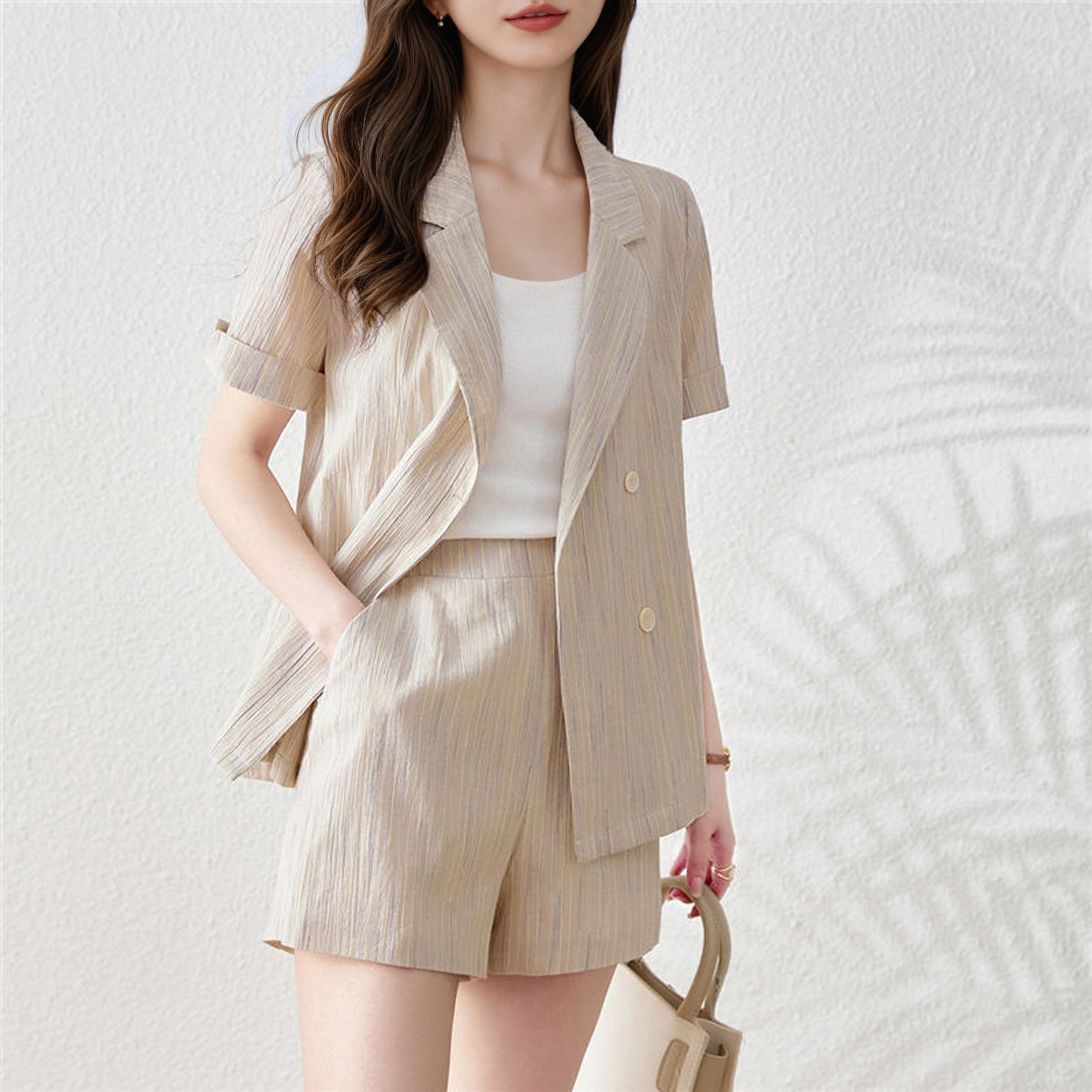 Women's 2025 Summer Three-Piece Suit with Blazer Collar Shirt and Shorts Solid Color Minimalist Commute Set - Image 3