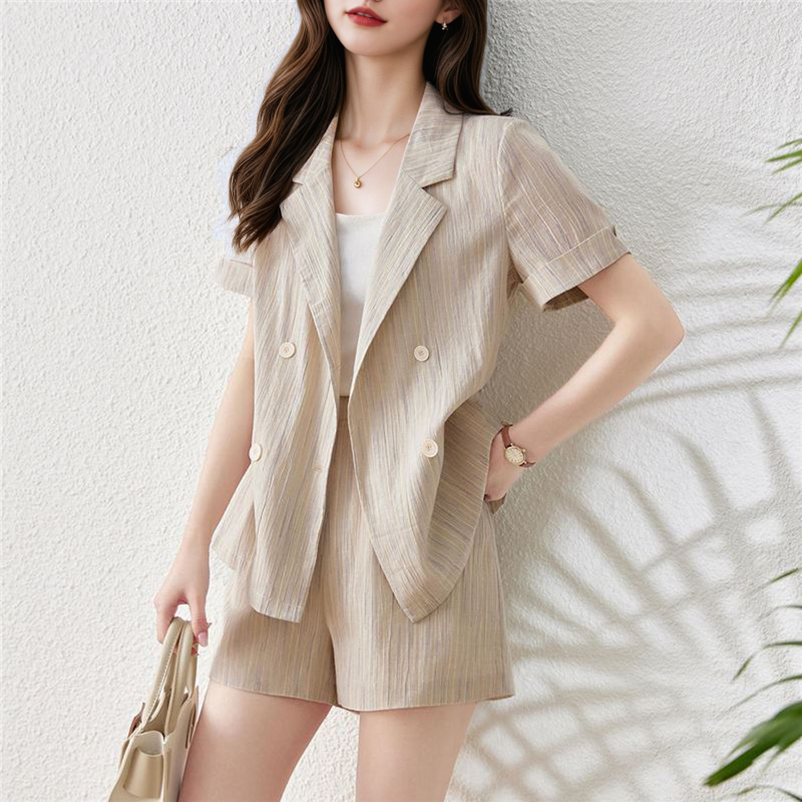 Women's 2025 Summer Three-Piece Suit with Blazer Collar Shirt and Shorts Solid Color Minimalist Commute Set - Image 4