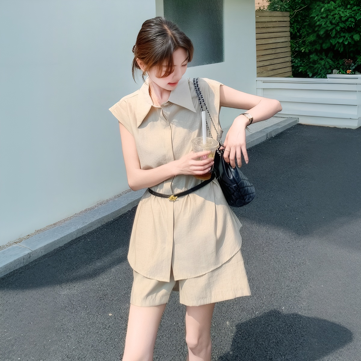Women's Summer Two-Piece Wide-Leg Shorts Set with Belt Sleeveless Shirt - Image 3