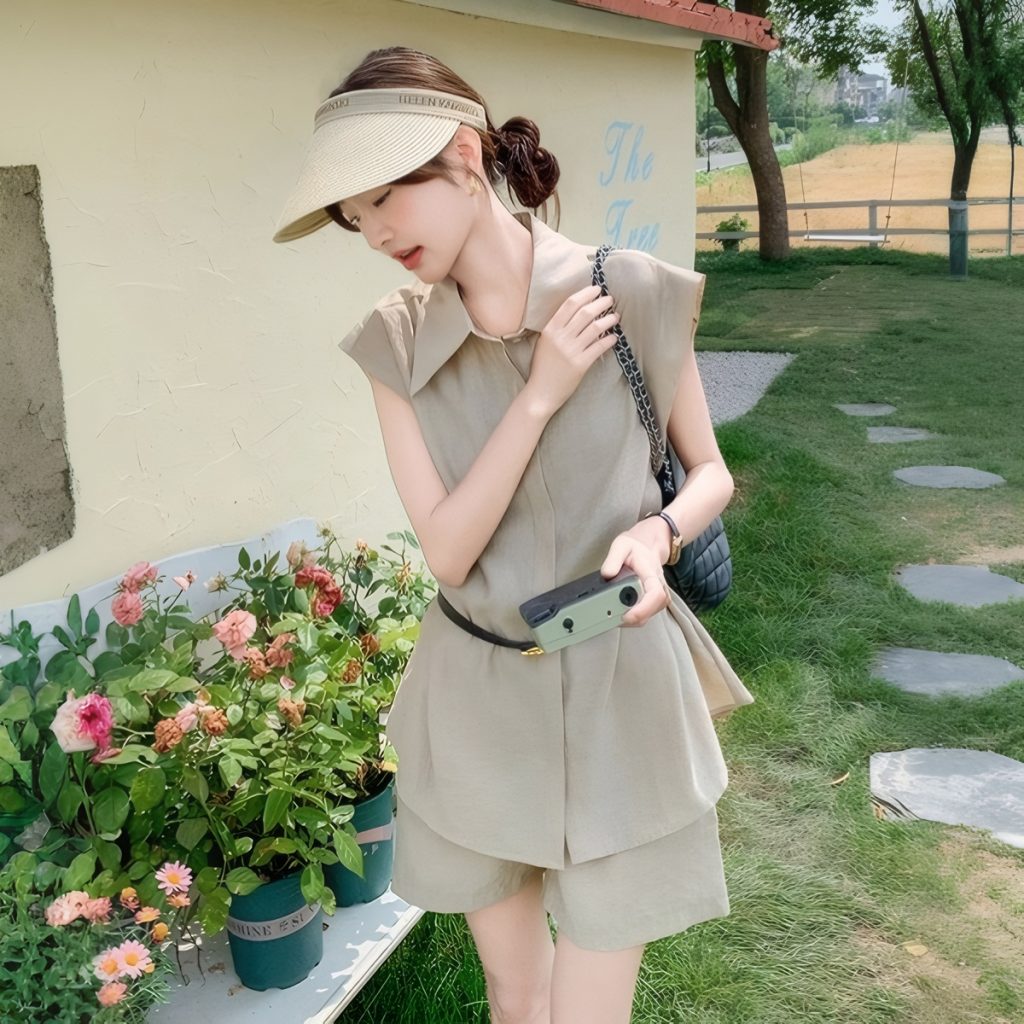 Women's Summer Two-Piece Wide-Leg Shorts Set with Belt Sleeveless Shirt
