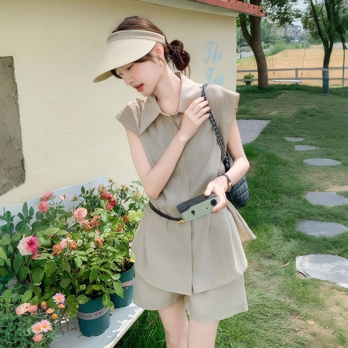Women's Summer Two-Piece Wide-Leg Shorts Set with Belt Sleeveless Shirt
