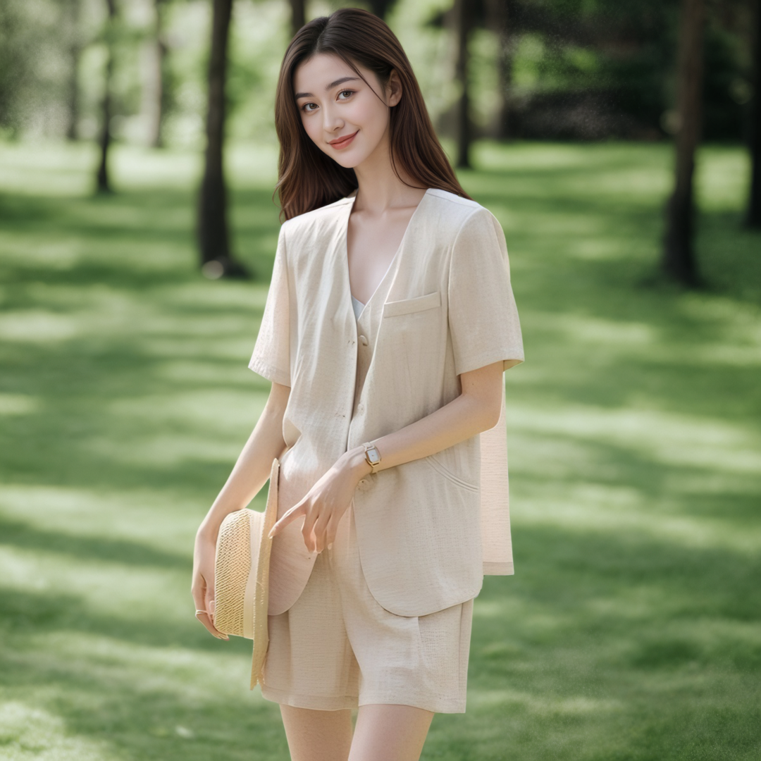 Women's Korean Style Collarless Short Sleeve Blazer and Wide Leg Shorts Two Piece Set 2026 Summer Casual Loose Fit