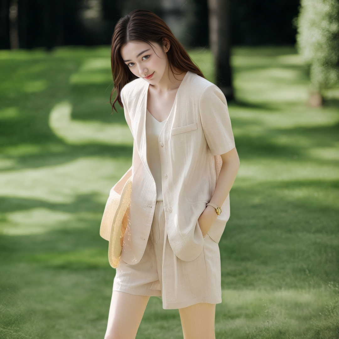 Women's Korean Style Collarless Short Sleeve Blazer and Wide Leg Shorts Two Piece Set 2026 Summer Casual Loose Fit - Image 3