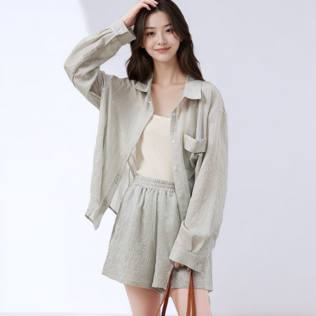 Women's 3-Piece Tencel Shirt and Shorts Set Summer 2026 Casual Sun Protection Outfit