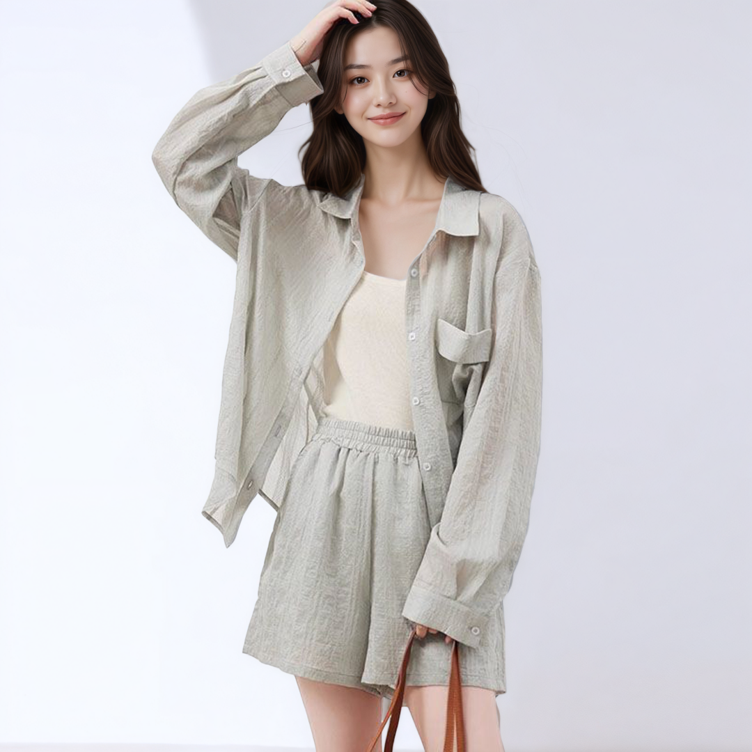 Women's 3-Piece Tencel Shirt and Shorts Set Summer 2026 Casual Sun Protection Outfit