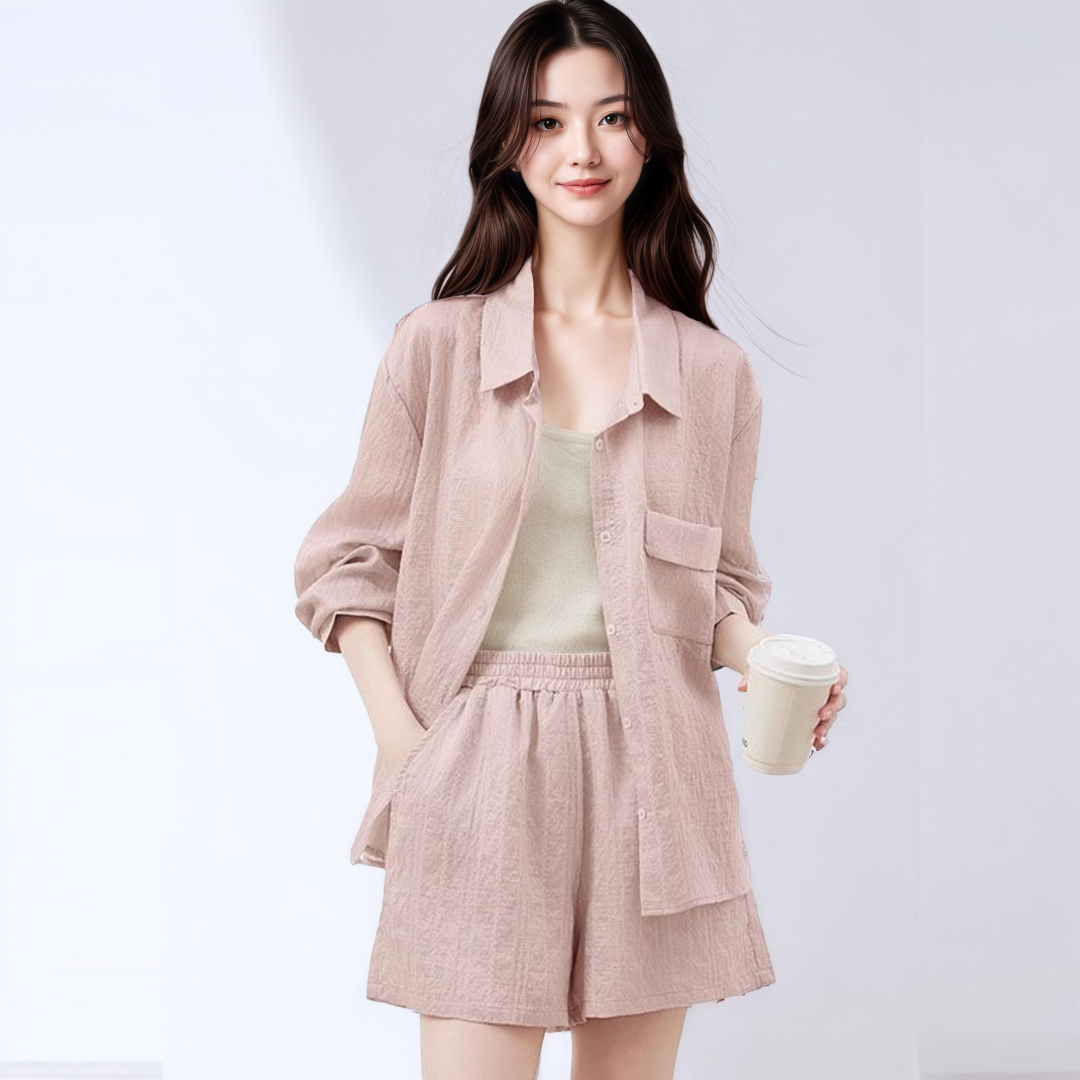 Women's 3-Piece Tencel Shirt and Shorts Set Summer 2026 Casual Sun Protection Outfit - Image 3