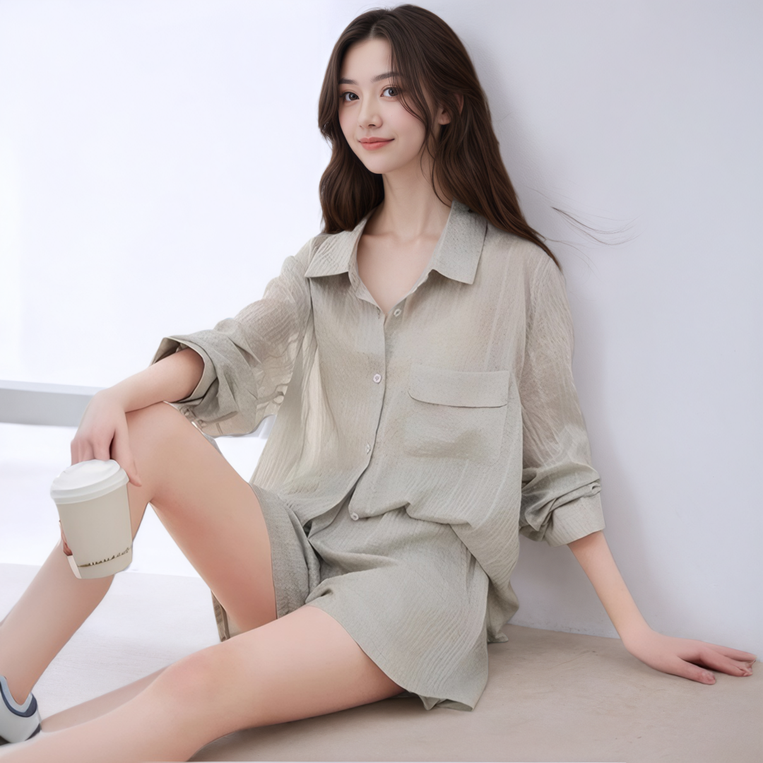 Women's 3-Piece Tencel Shirt and Shorts Set Summer 2026 Casual Sun Protection Outfit - Image 4