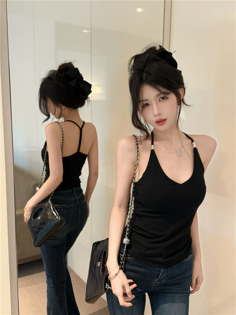 Black V-Neck Open Back Cami Top Women 2026 Summer Slim Fit Short Outerwear - Image 2