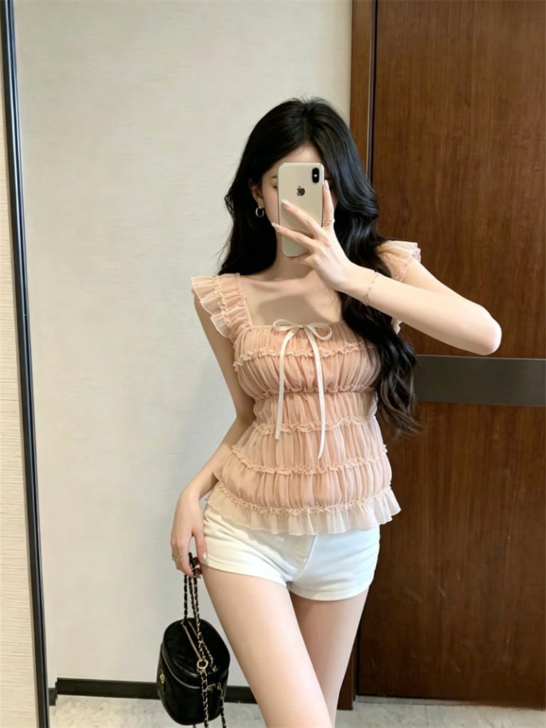 2026 Summer Korean Slim Fit Sweet Age-Reducing Slimming Versatile Small Fly Sleeve Pullover Top