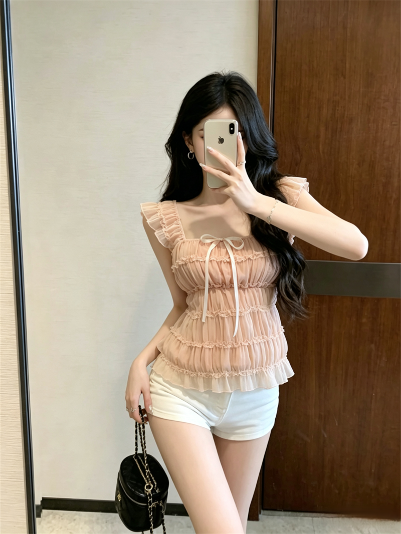 2026 Summer Korean Slim Fit Sweet Age-Reducing Slimming Versatile Small Fly Sleeve Pullover Top