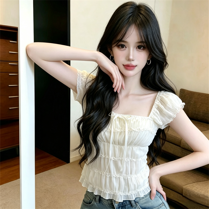2026 Summer Korean Slim Fit Sweet Age-Reducing Slimming Versatile Small Fly Sleeve Pullover Top - Image 3