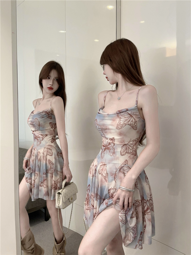 Tie-Dye Butterfly Print Cami Dress with Cinched Waist A-Line Silhouette Summer 2026 - Image 3