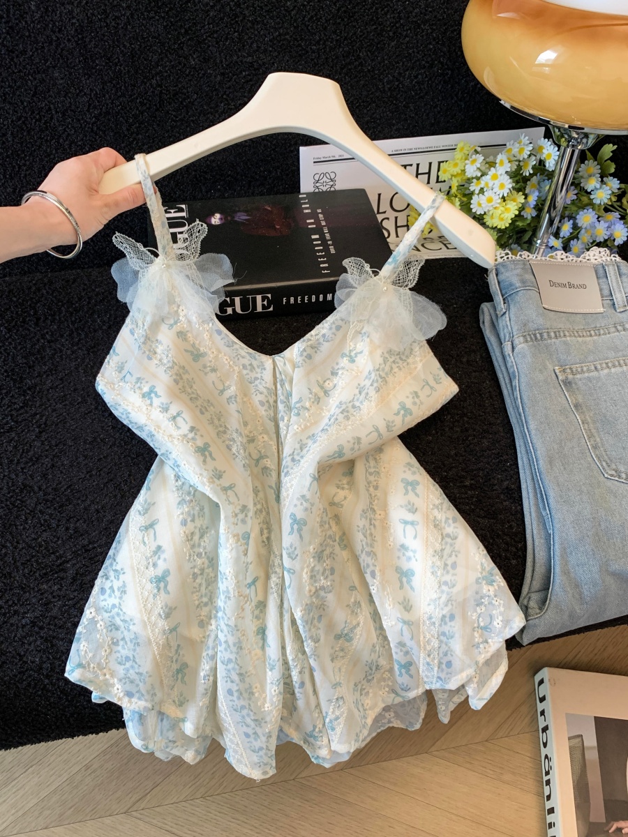 Women's Vacation Style Embroidered Floral Loose V-Neck Cami Top Summer 2026 Fashion Pleated Drapey Elegant Blouse - Style 5d7c1a