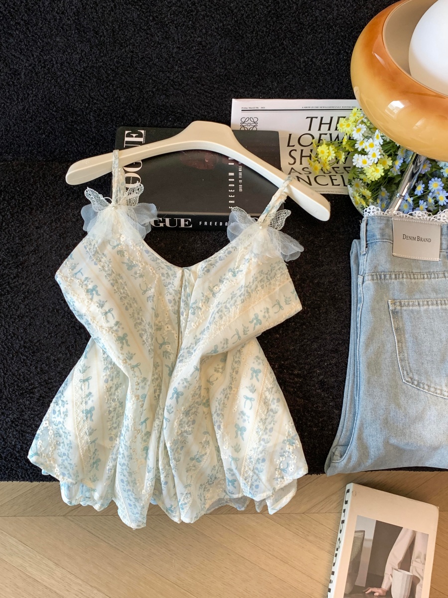 Women's Vacation Style Embroidered Floral Loose V-Neck Cami Top Summer 2026 Fashion Pleated Drapey Elegant Blouse - Style 5d7c1a - Image 2