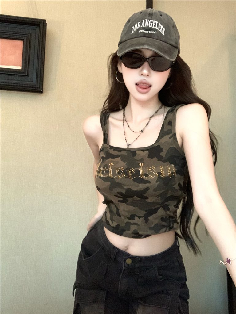 Sexy Camo Rhinestone Cami Tank Top with Built-in Bra Pads Summer Y2K Style