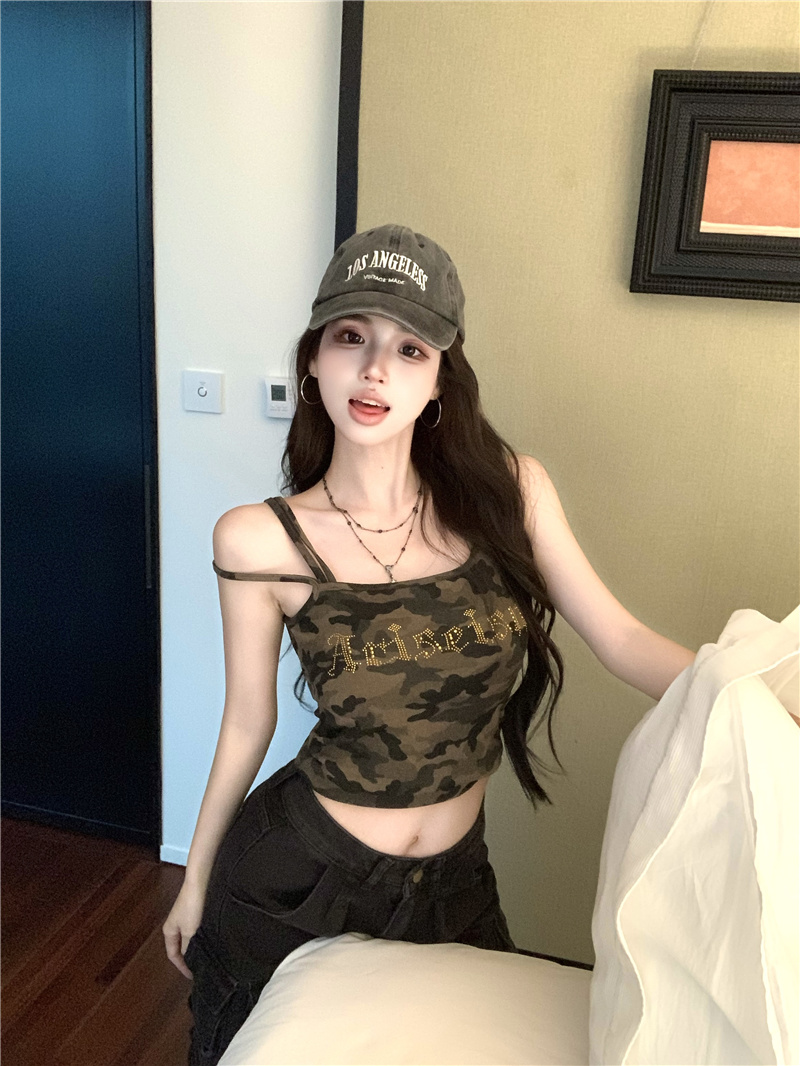 Sexy Camo Rhinestone Cami Tank Top with Built-in Bra Pads Summer Y2K Style - Image 2