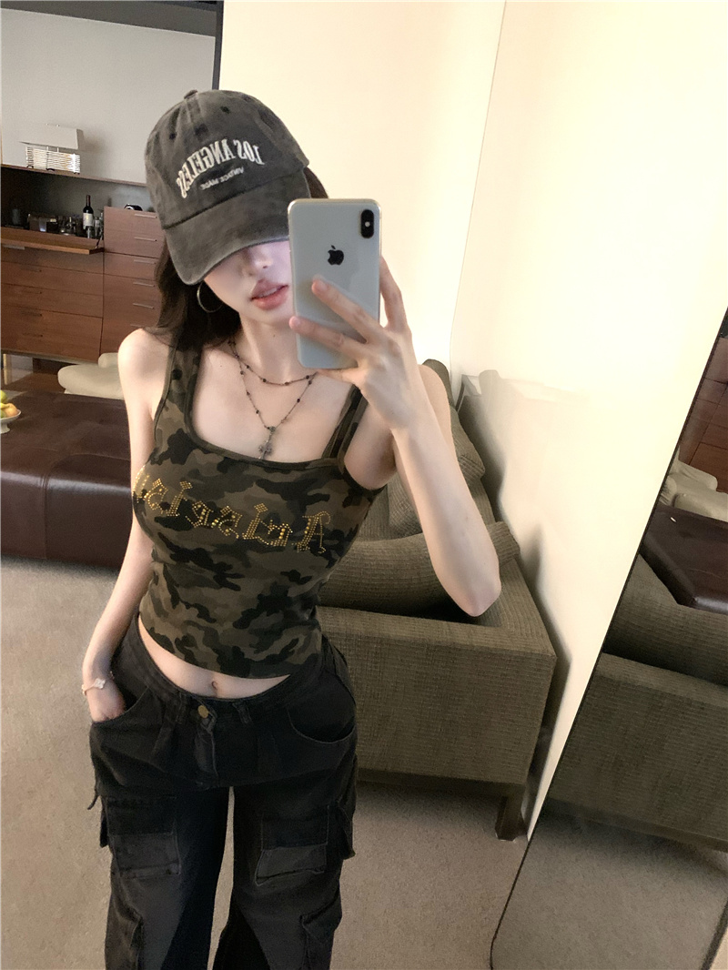 Sexy Camo Rhinestone Cami Tank Top with Built-in Bra Pads Summer Y2K Style - Image 3