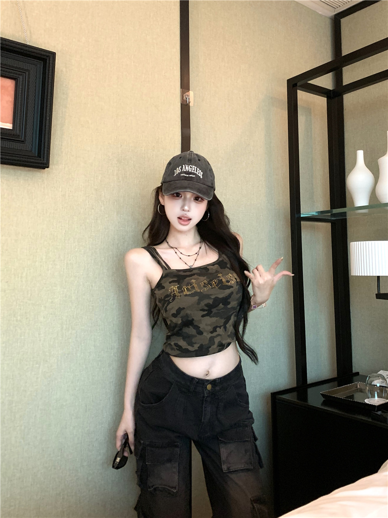 Sexy Camo Rhinestone Cami Tank Top with Built-in Bra Pads Summer Y2K Style - Image 4