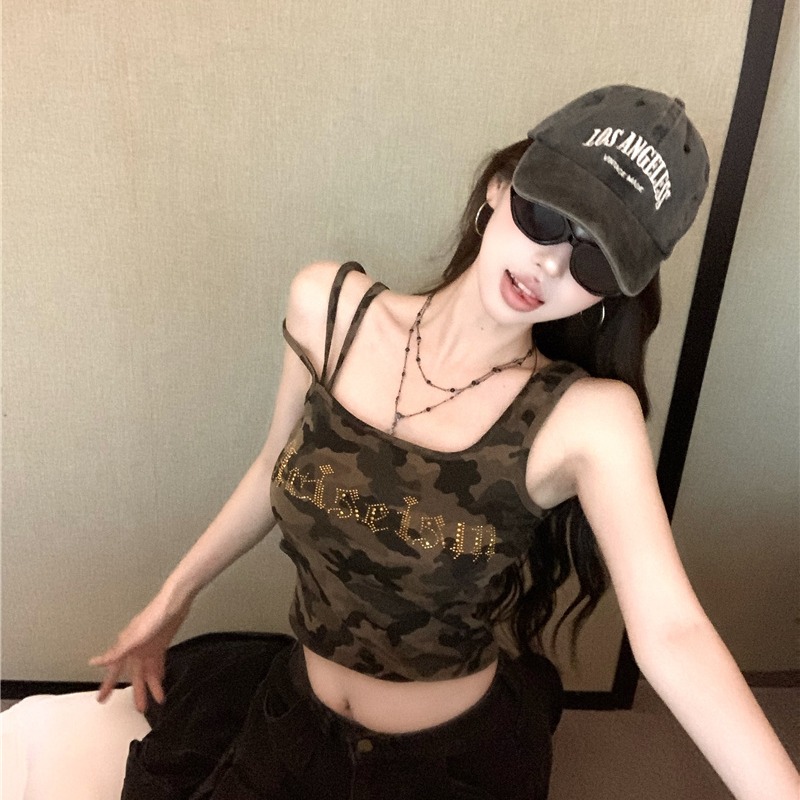Sexy Camo Rhinestone Cami Tank Top with Built-in Bra Pads Summer Y2K Style - Image 5