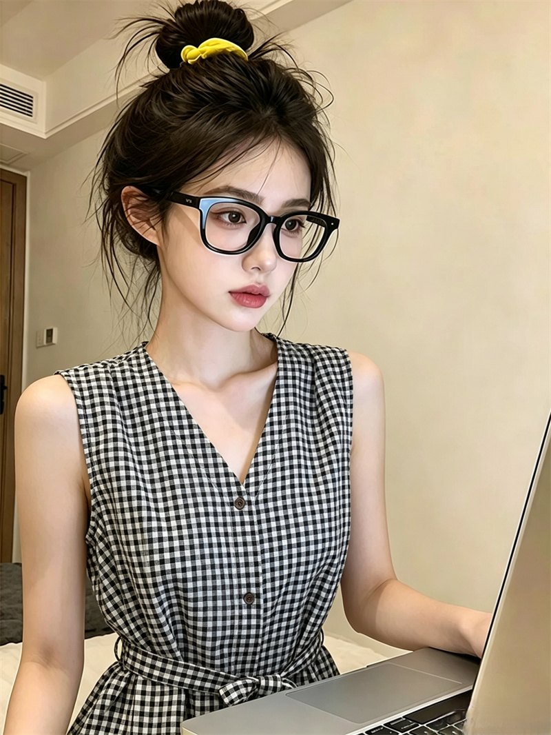Retro Red Plaid Sleeveless Camisole Top with Tie French Style Women's Shirt - Image 4