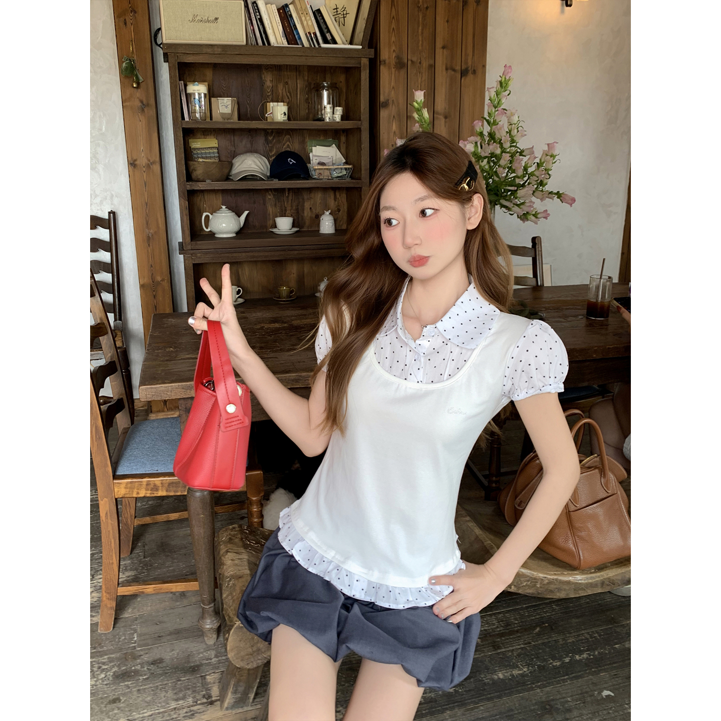 Polka Dot Peter Pan Collar Short Sleeve T-Shirt for Women Summer New Fake Two-Piece Patchwork Slimming Age-Reducing Top