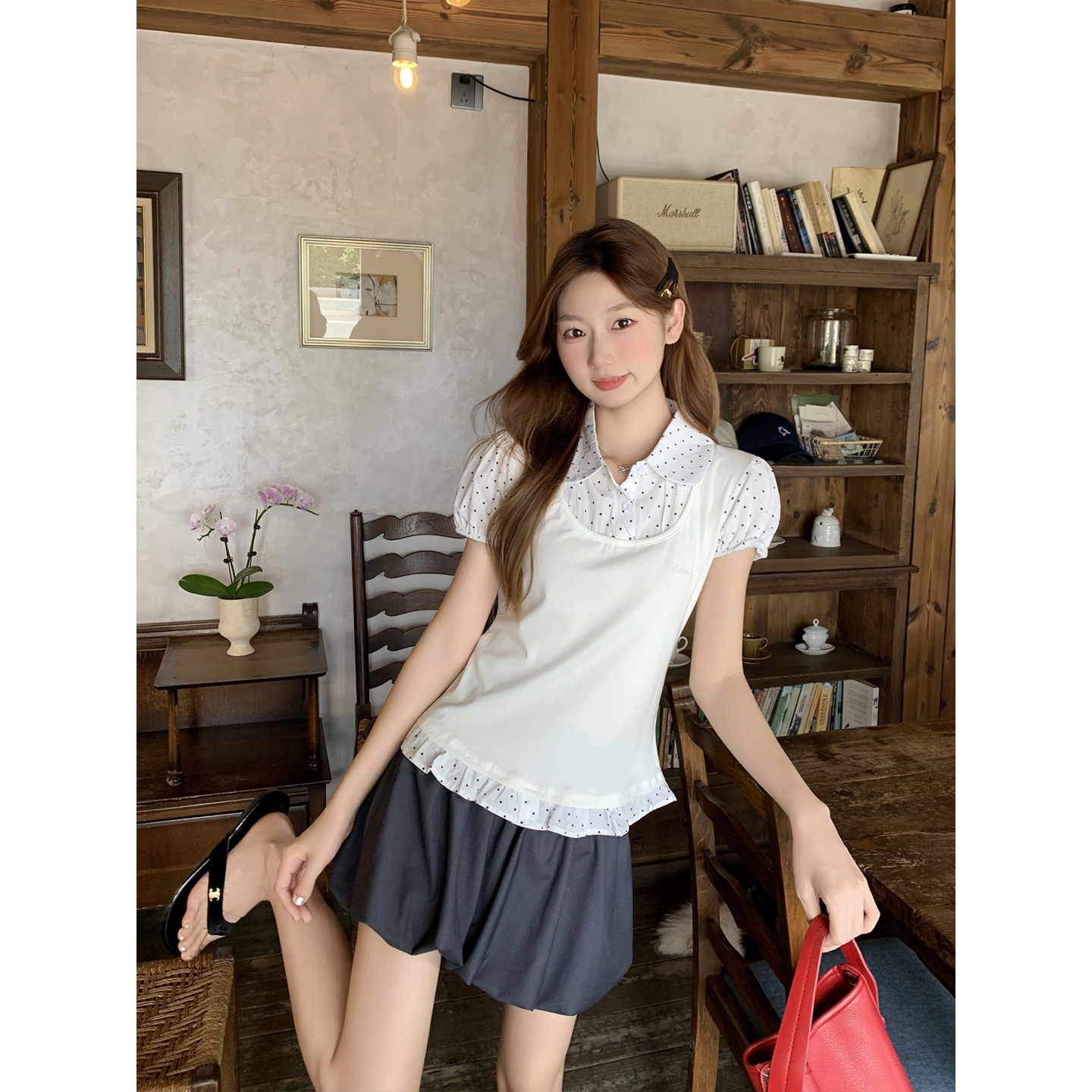 Polka Dot Peter Pan Collar Short Sleeve T-Shirt for Women Summer New Fake Two-Piece Patchwork Slimming Age-Reducing Top - Image 2