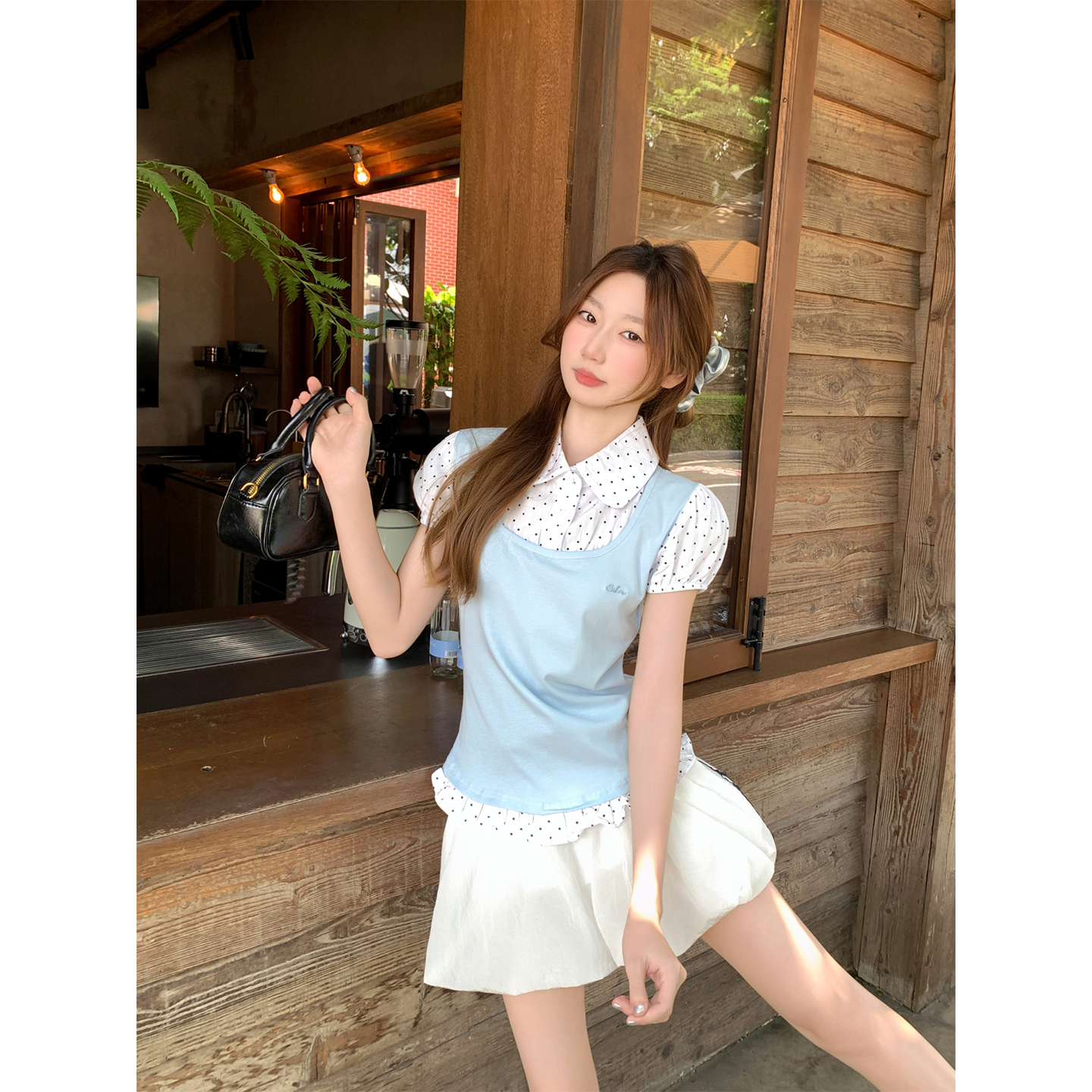 Polka Dot Peter Pan Collar Short Sleeve T-Shirt for Women Summer New Fake Two-Piece Patchwork Slimming Age-Reducing Top - Image 5