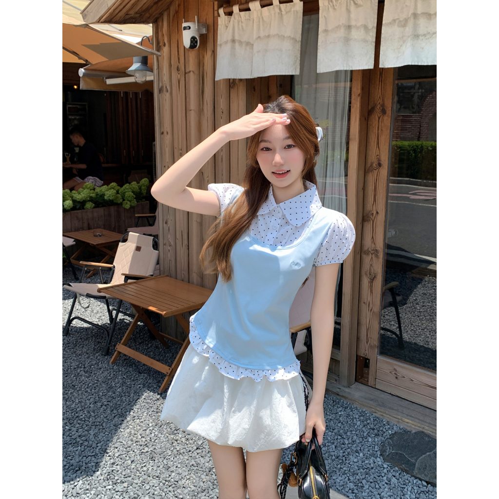 Women's Summer Faux Two-Piece Polka Dot Letter Print Slim Fit Short Sleeve Top