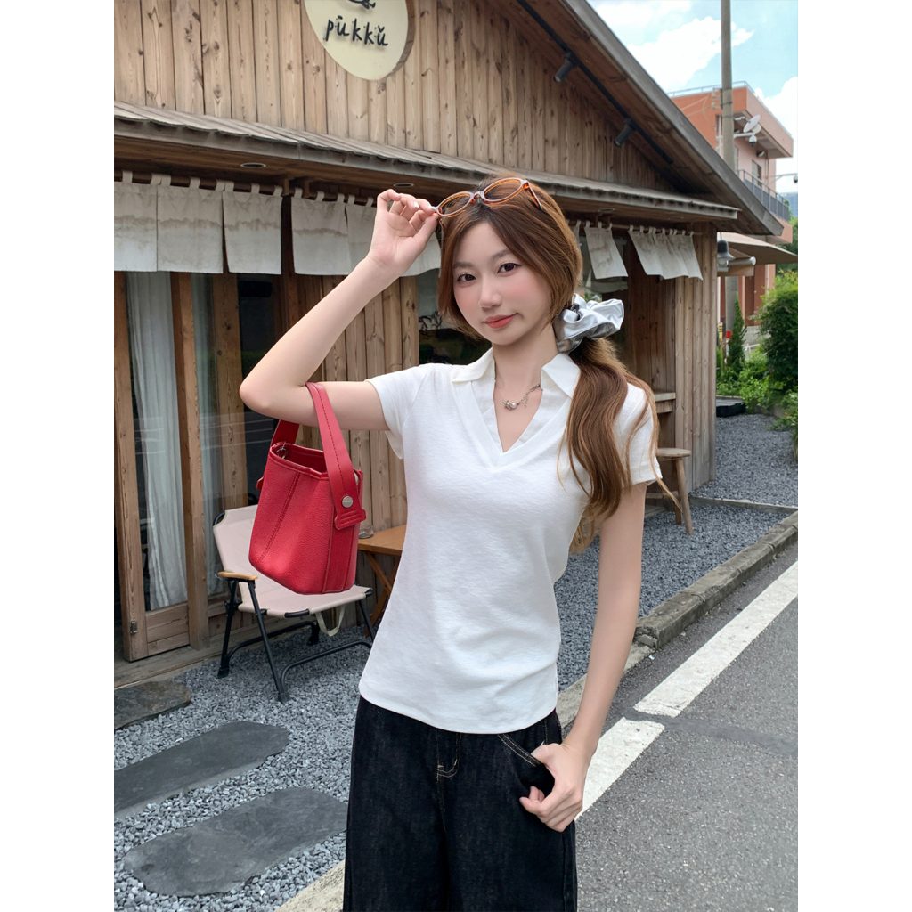 Women's Slim Fit V-Neck Short Sleeve Polo T-Shirt Summer 2026 New Waist-Cinching Flattering Solid Color Commuter Top