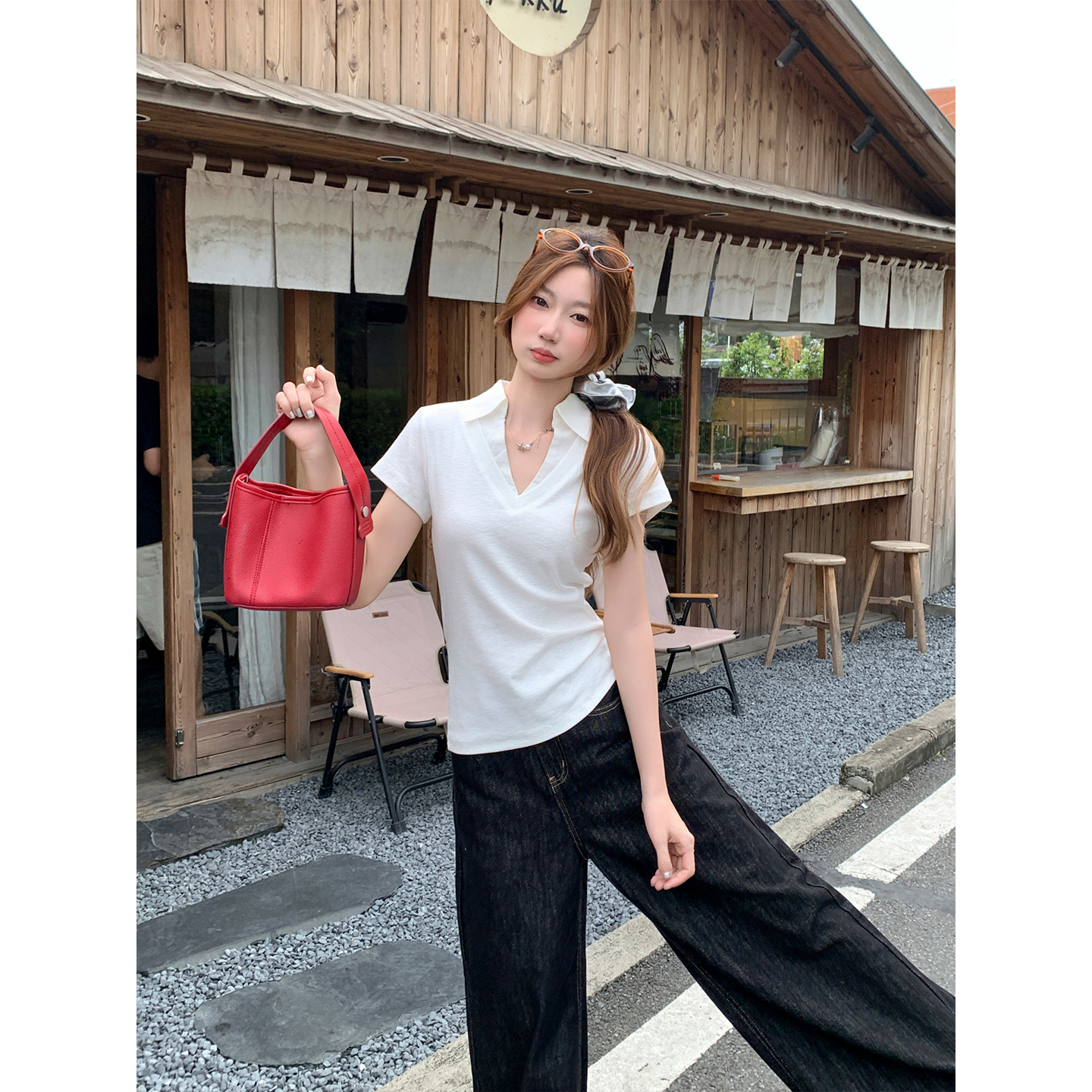 Women's Slim Fit V-Neck Short Sleeve Polo T-Shirt Summer 2026 New Waist-Cinching Flattering Solid Color Commuter Top - Image 3