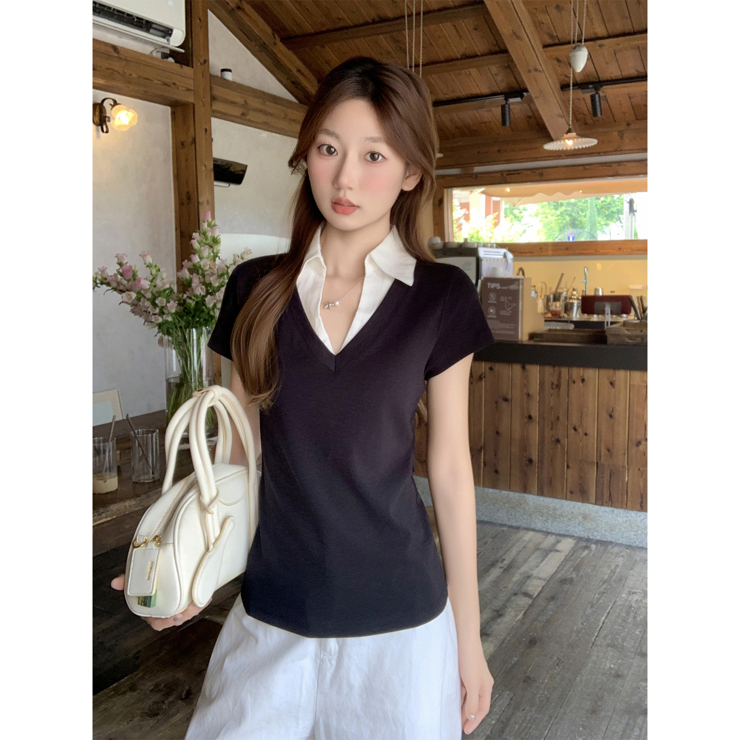 Women's Slim Fit V-Neck Short Sleeve Polo T-Shirt Summer 2026 New Waist-Cinching Flattering Solid Color Commuter Top - Image 5